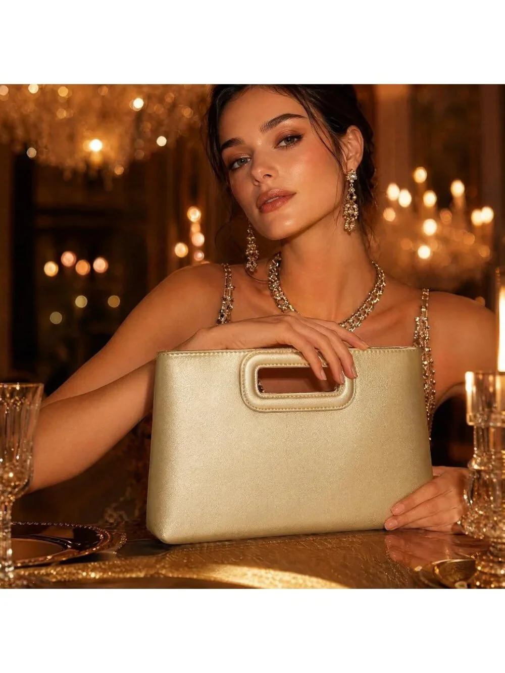Women Lightgold Clutch Handbag Modern Faux Leather with Metal Handle Evening Bag